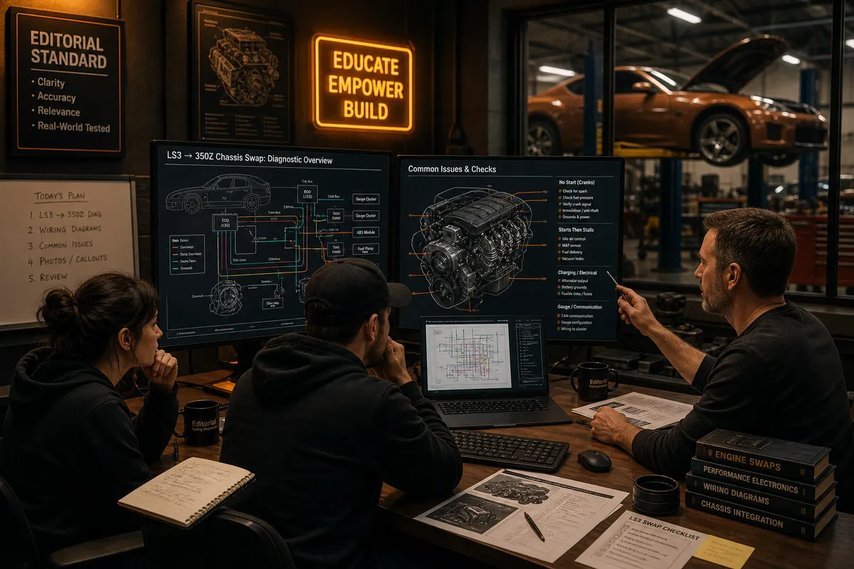 Editorial team reviewing vehicle verification content in dark workspace