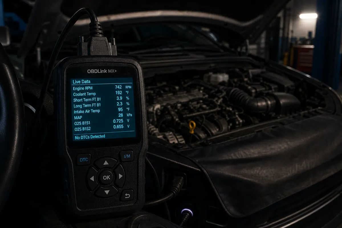 Diagnostic laptop connected to a vehicle ECU after engine replacement in a modern workshop