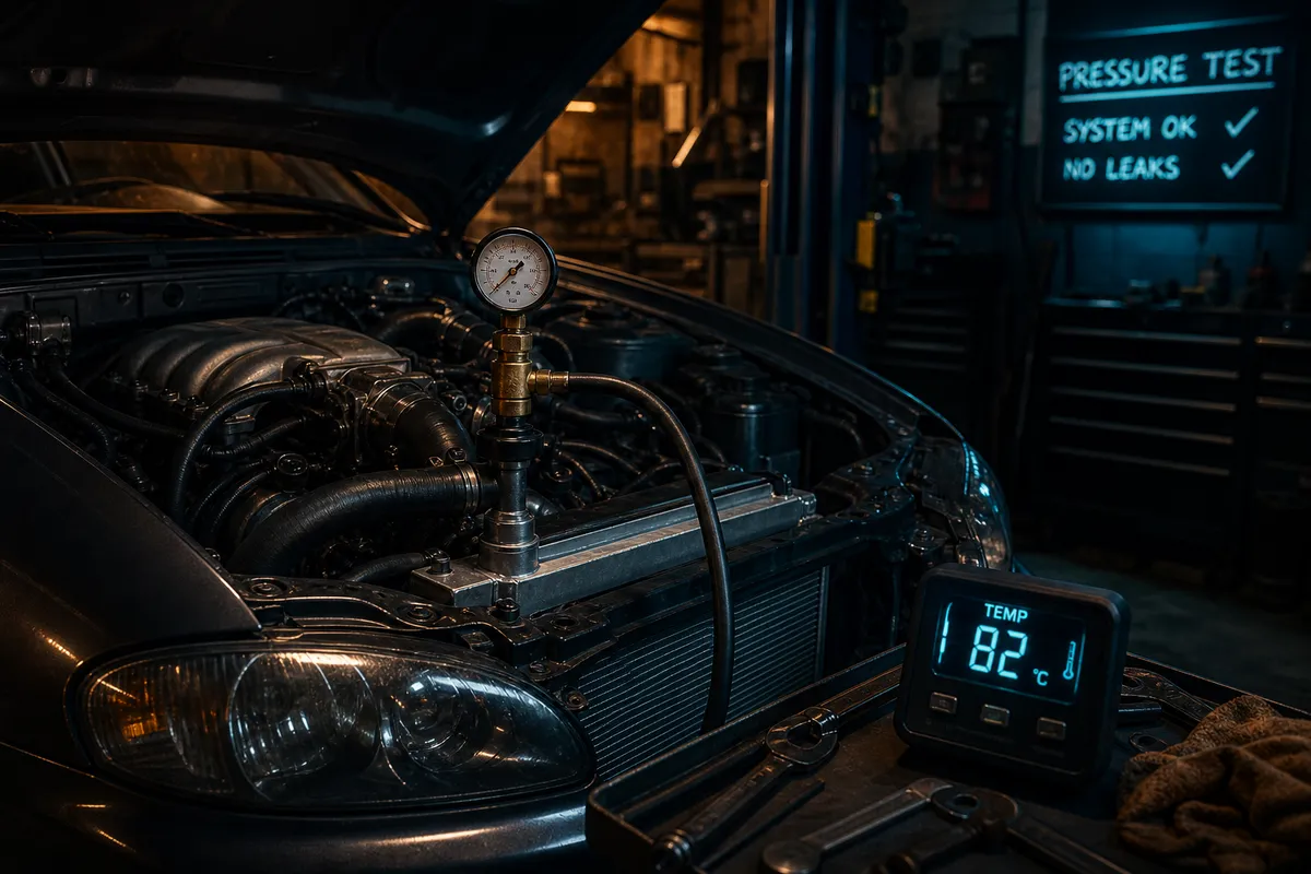 Mechanic testing cooling system pressure and coolant flow after a completed engine replacement