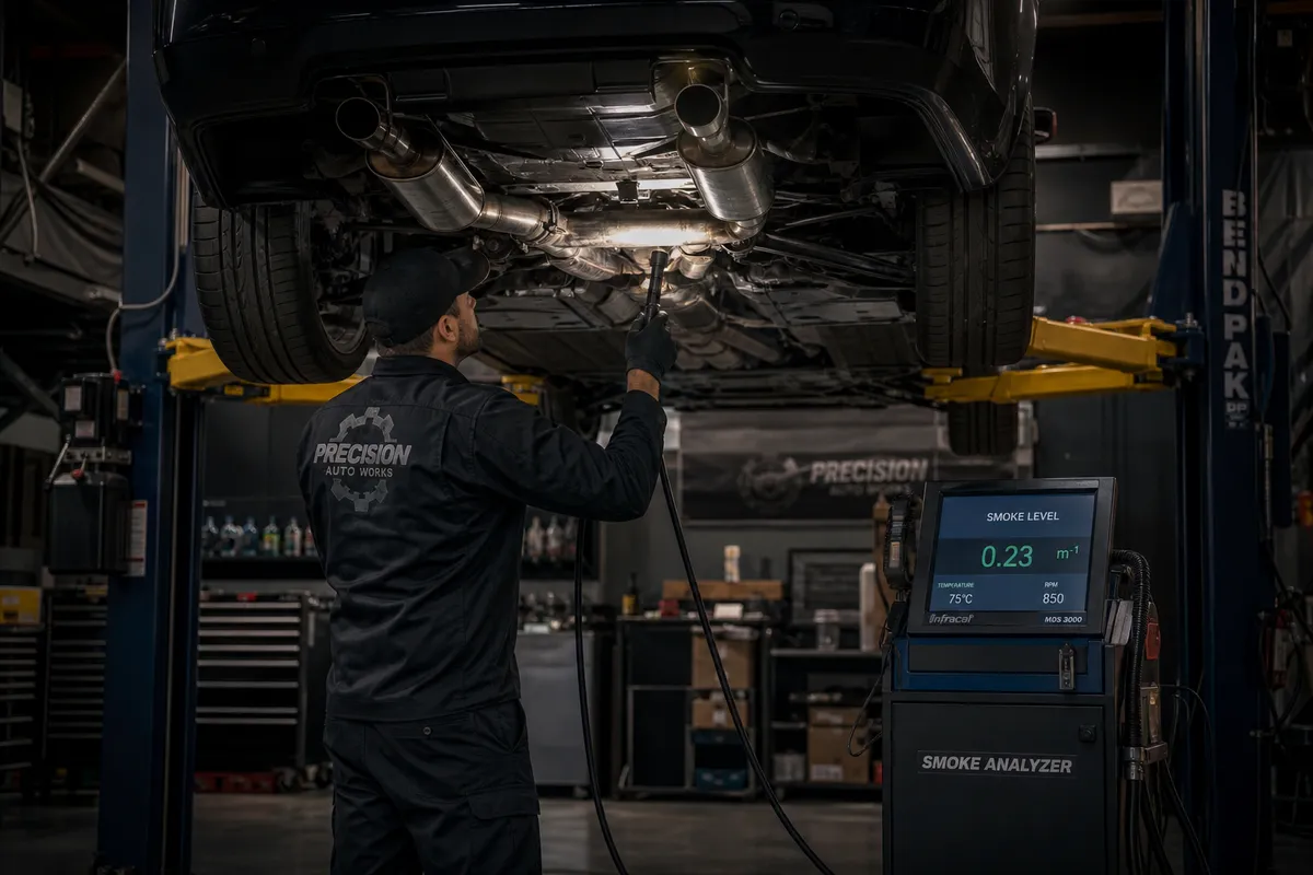 Technician checking exhaust components and emissions analyzer data on a recently swapped engine vehicle